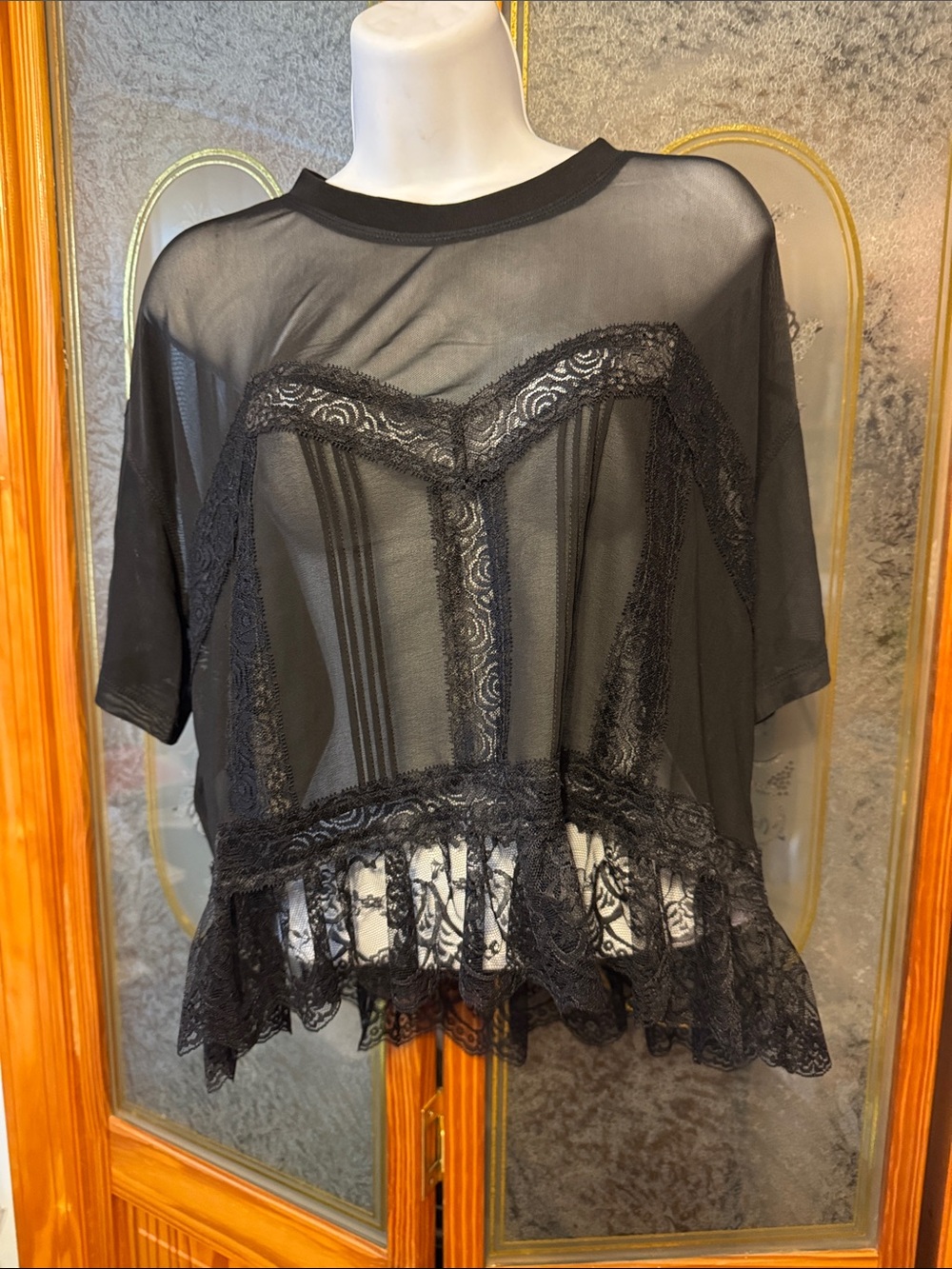 dolan Sheer Black Lace-Trim Short-Sleeve Top